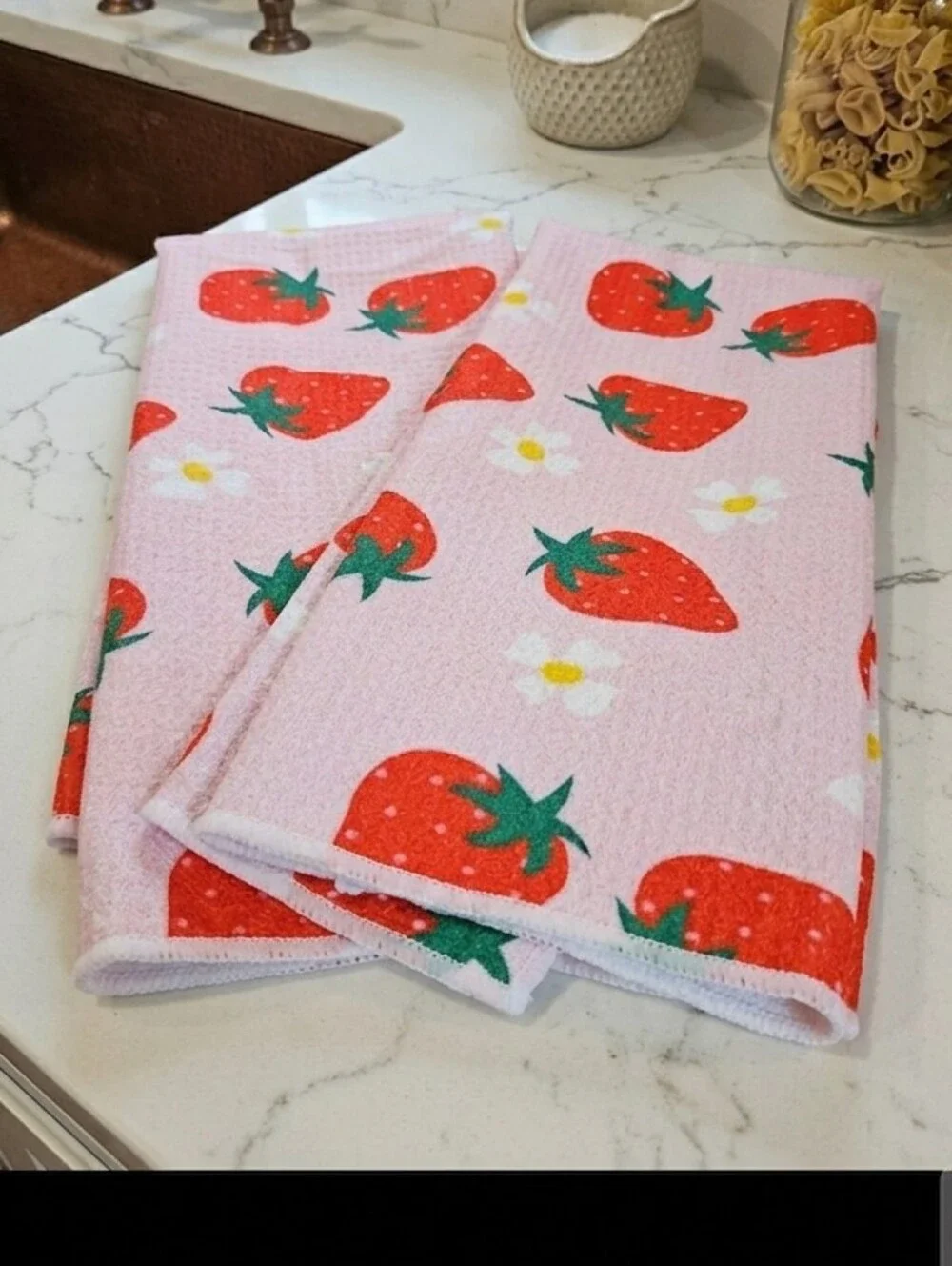 White Waffle Weave Kitchen Towel with Fresh Strawberries and Daisies 18x24